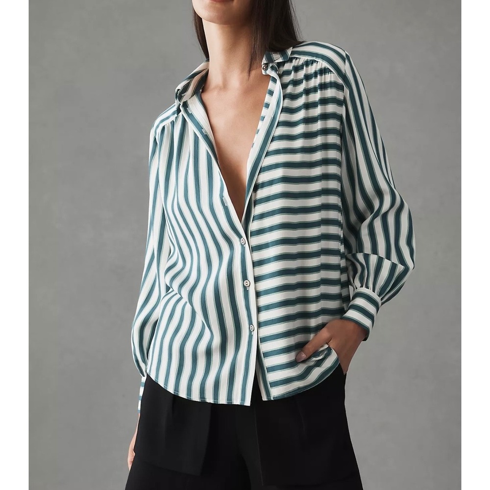Maeve Anthropologie Green White Mixed Stripe Button Down Blouse Long Sleeve S